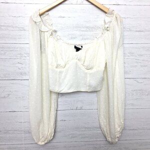 NEW Forever 21 Ivory Crop Top Off Shoulder Long Sleeves Lightweight Swiss Dot M